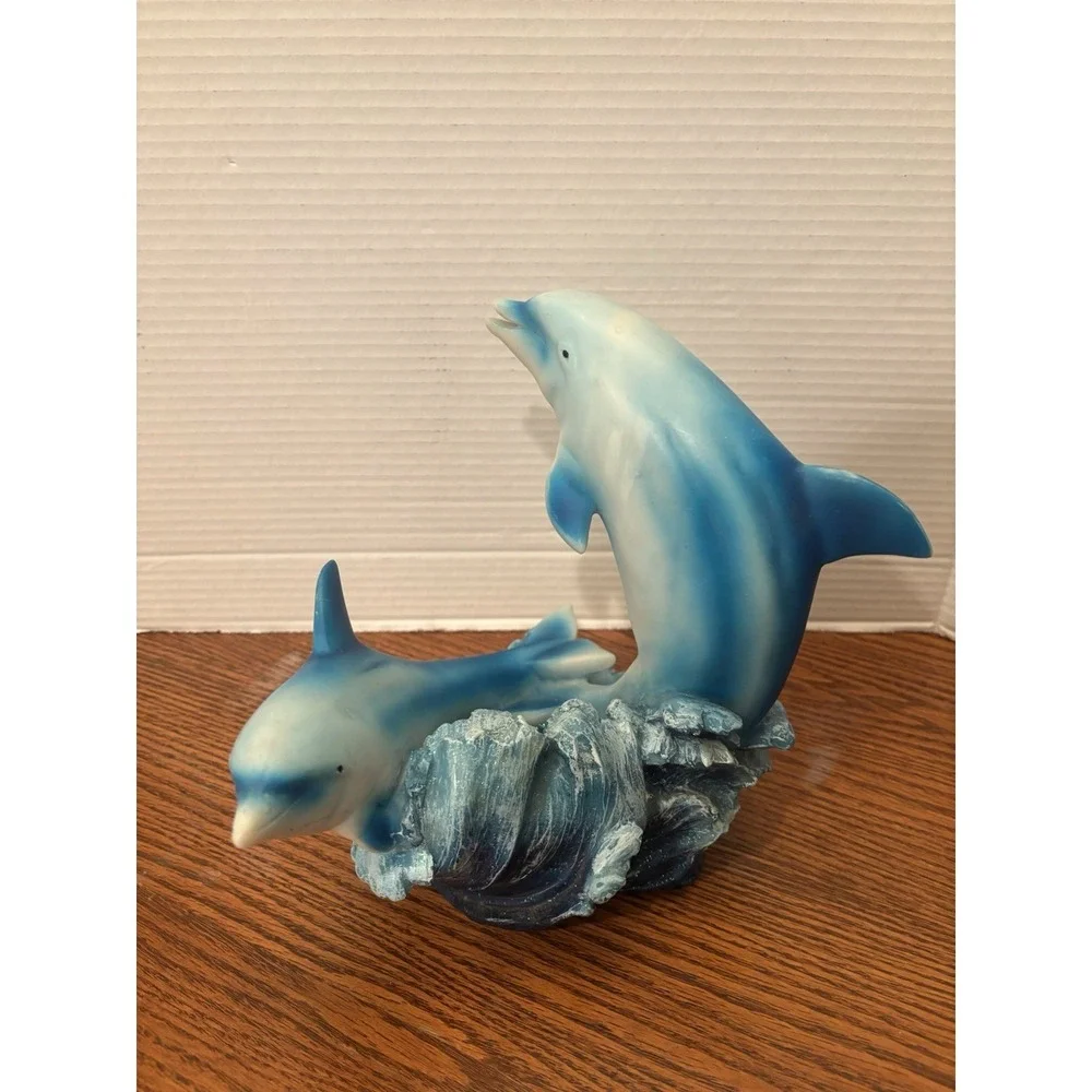Vintage Resin 2 Dolphins Jumping Waves Water Sculpture 9